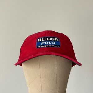 Vintage Polo Jeans Red Corduroy Hat USA RL Spellout Patch Logo Leather Strap 90s